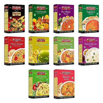 Pushp Brand Combo Pack 50g Each (Punjabi Garam Masala, Chana Masala, Chat Masala, Pav Bhaji Masala, Sambhar Masala, Biryani Masa