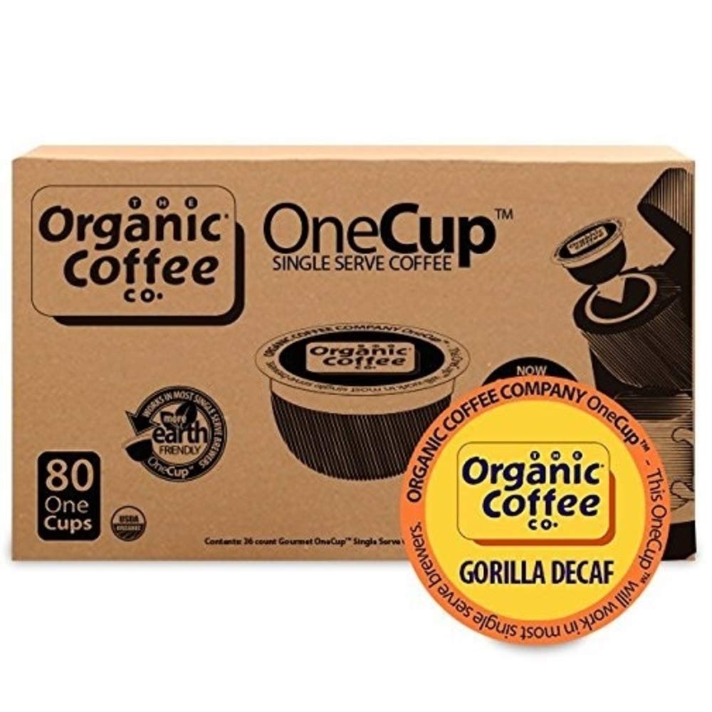 The Organic Coffee Co. Compostable Coffee Pods - Gorilla Decaf (80 Ct) K Cup Compatible Including Keurig 2.0, Medium Roast, Swis