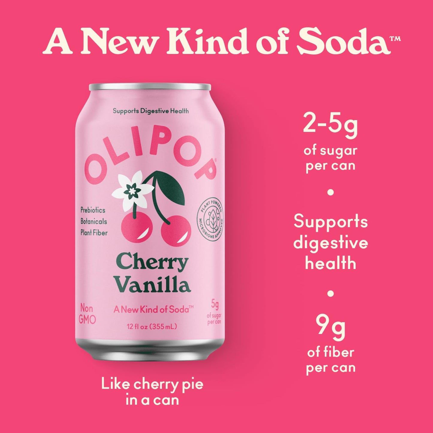 OLIPOP Prebiotic Soda Pop, Cherry Vanilla, A New Kind of Soda Packed with Prebiotics, Fiber, and Botanicals, Gluten Free, Vegan,