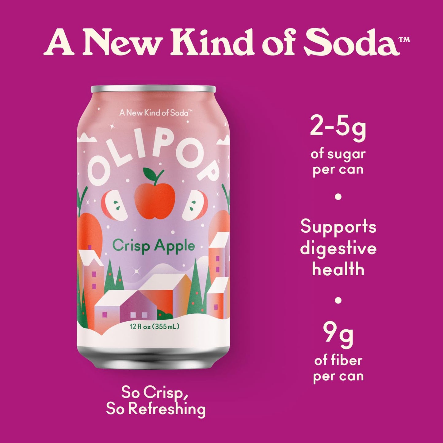 OLIPOP Prebiotic Soda Pop, Crisp Apple, A New Kind of Soda Packed with Prebiotics, Fiber, and Botanicals, Gluten Free, Vegan, GM