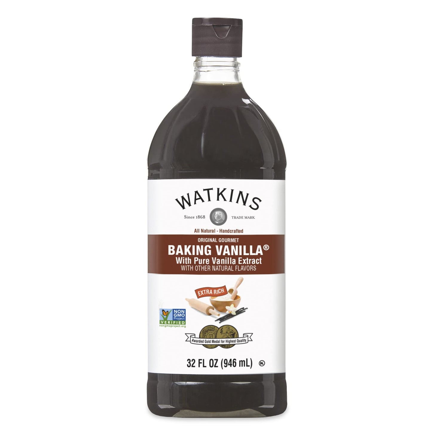 Watkins All Natural Original Gourmet Baking Vanilla, 32 Fl. Oz. Economy Sized Bottle, 1 Count (21901)