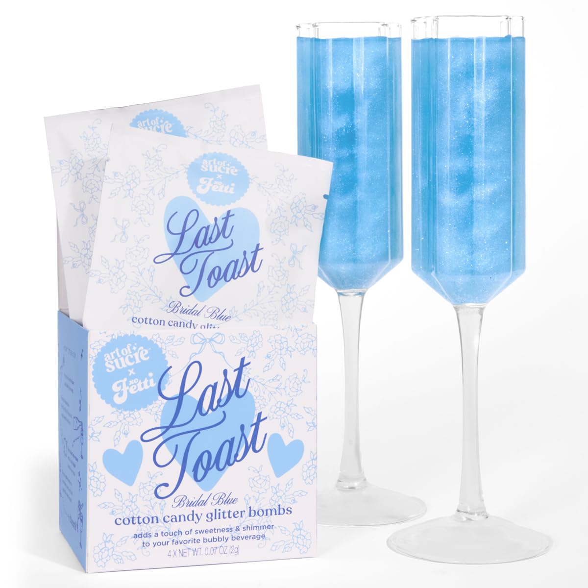 xo, Fetti Bridal Blue Cotton Candy Glitter Drink Bombs, 4 pc, Edible Glitter, Bachelorette Party Favor, 9.906 cm