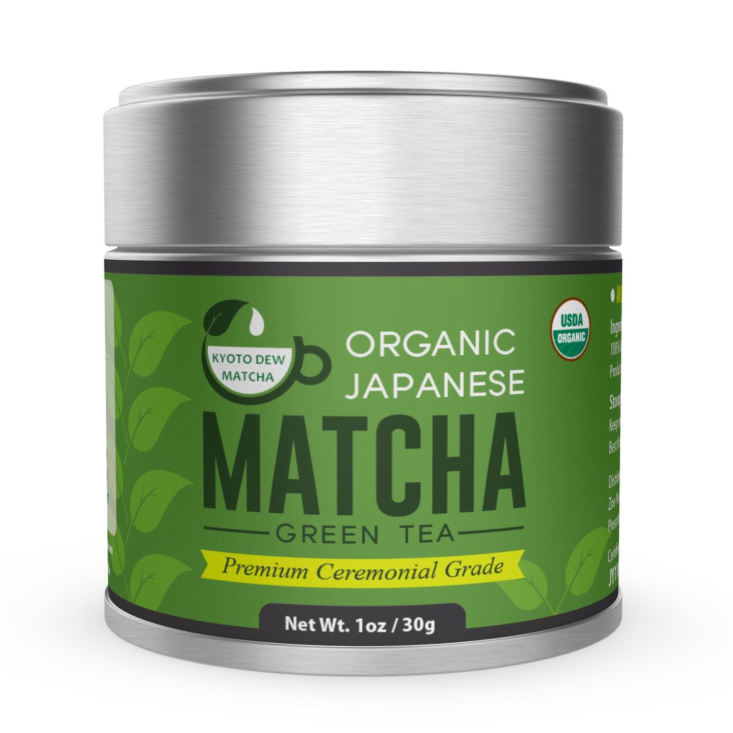 Kyoto Dew Matcha - 1 oz / 30g - USDA & JAS Organic enhanced Ceremonial Japanese Matcha Green Tea Powder - Stone-Ground First Harvest - Zero Sugar