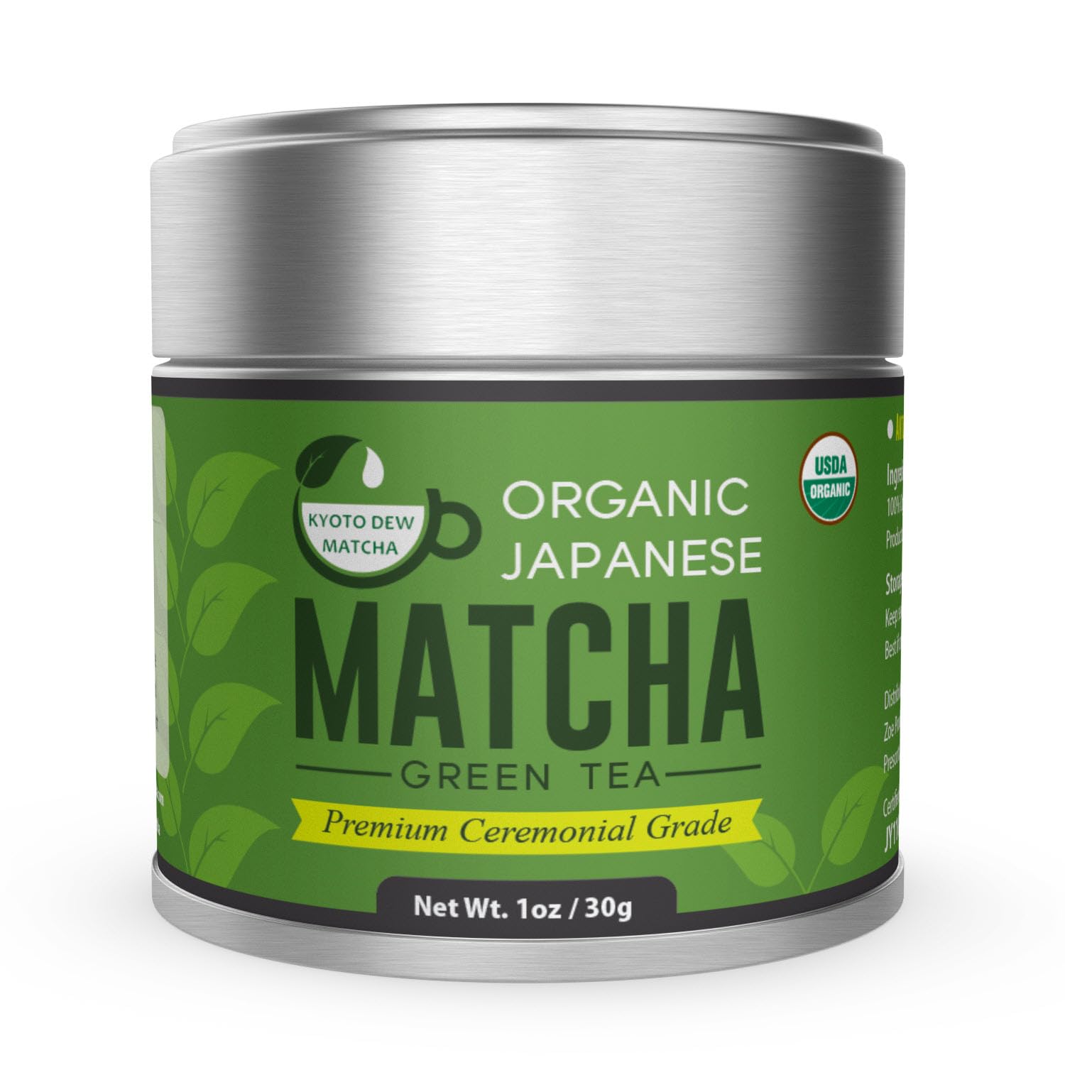 Kyoto Dew Matcha - 1 oz / 30g - USDA & JAS Organic enhanced Ceremonial Japanese Matcha Green Tea Powder - Stone-Ground First Harvest - Zero Sugar
