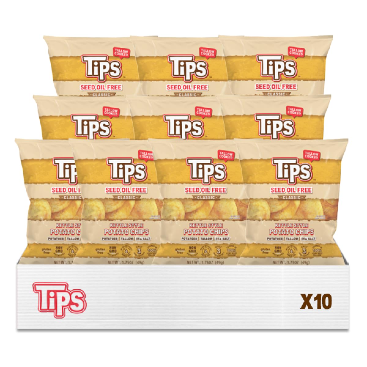 TIPS Potato Chips - Classic Sea Salt - Snack Pack - Tallow Cooked - Seed Oil Free & Gluten Free - Kettle Style Potato Chips Made