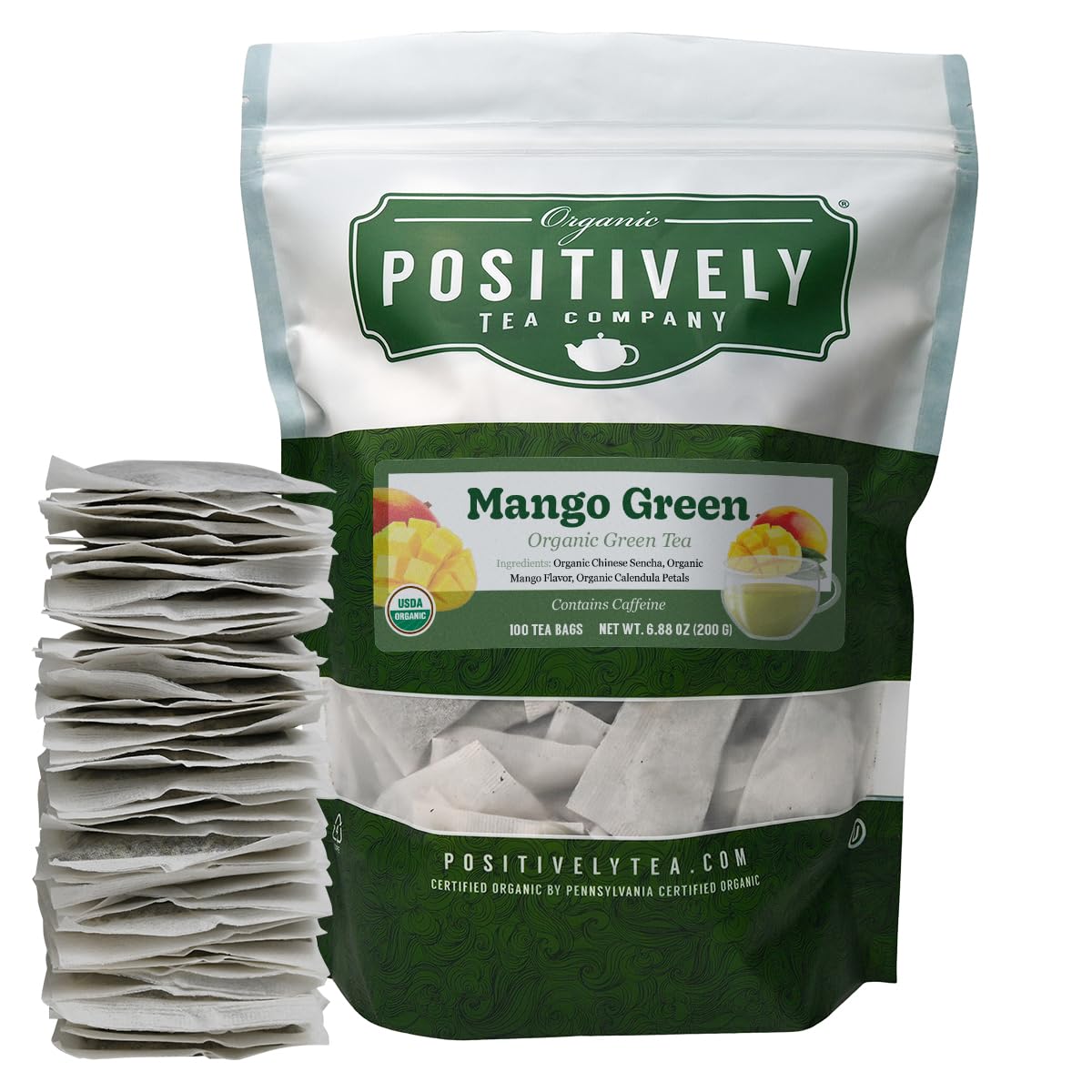 Organic Positively Tea Company Mango Green Tea Bags, Eco-Friendly, Non-GMO, 100 Count