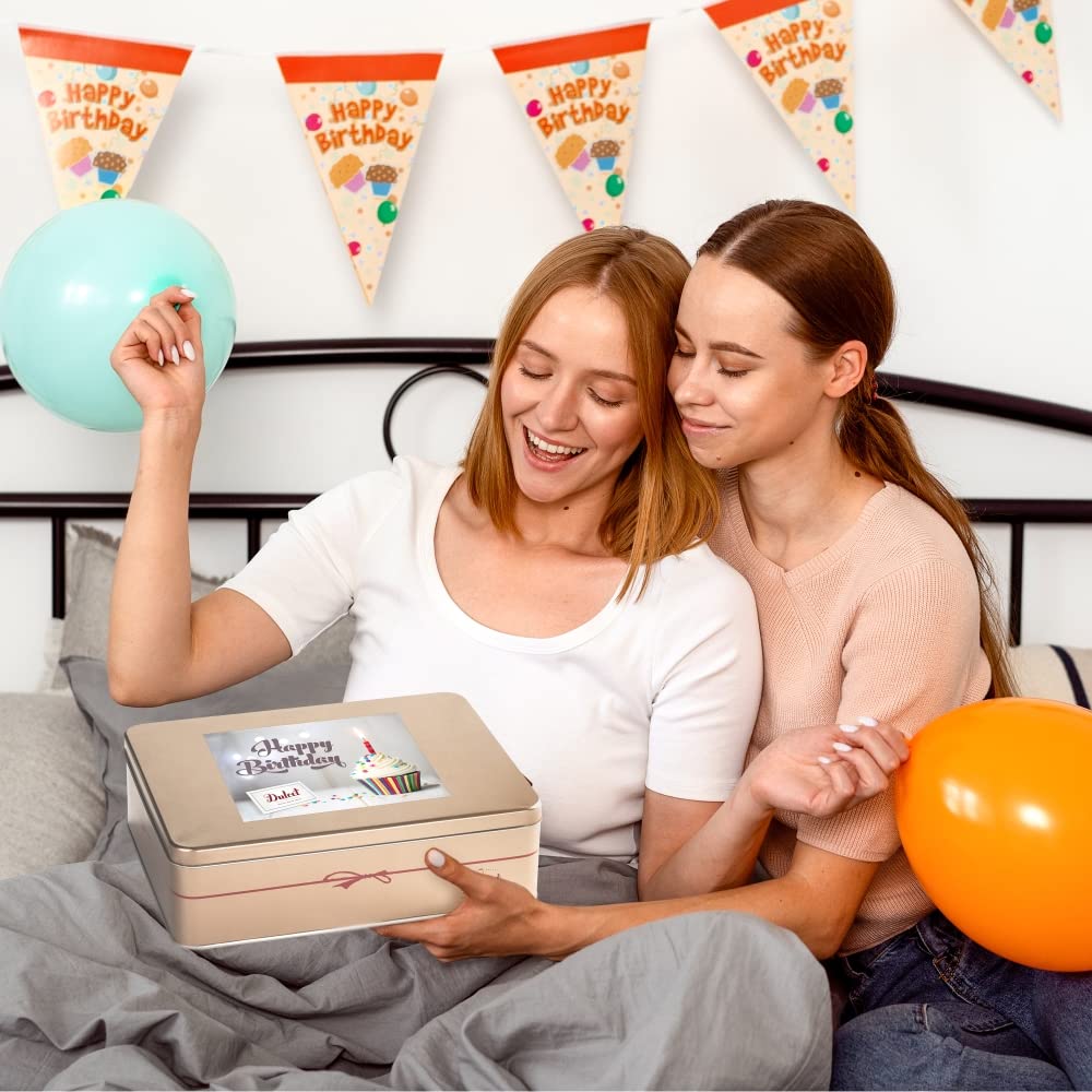 Dulcet Gift Basket Happy Birthday Party Gift Package In Tin With Balloons, Candles -Birthday Cake Great Gift For Men, Women, Him, Her, Mom, Dad, Friends & Family