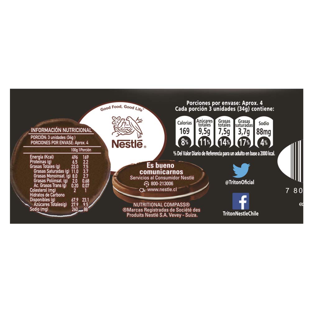Triton Cookies Chocolate Cream Filled. Traditional Chilean Cookie. 3 Pack X 126 Grms Each. Promo Edition