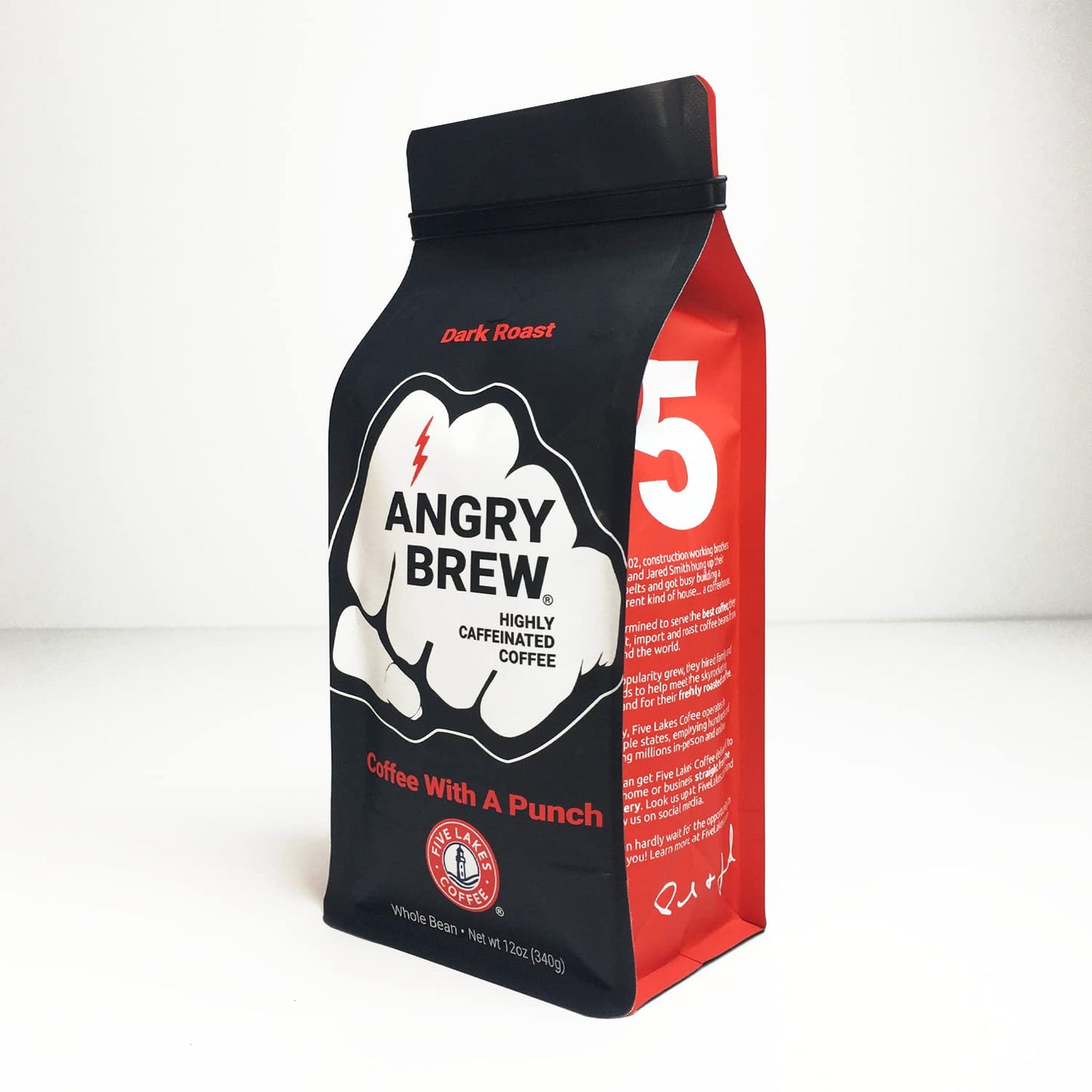 Five Lakes Coffee - Angry Brew - Dark Roast Whole Bean Coffee - 12 Ounce Pack