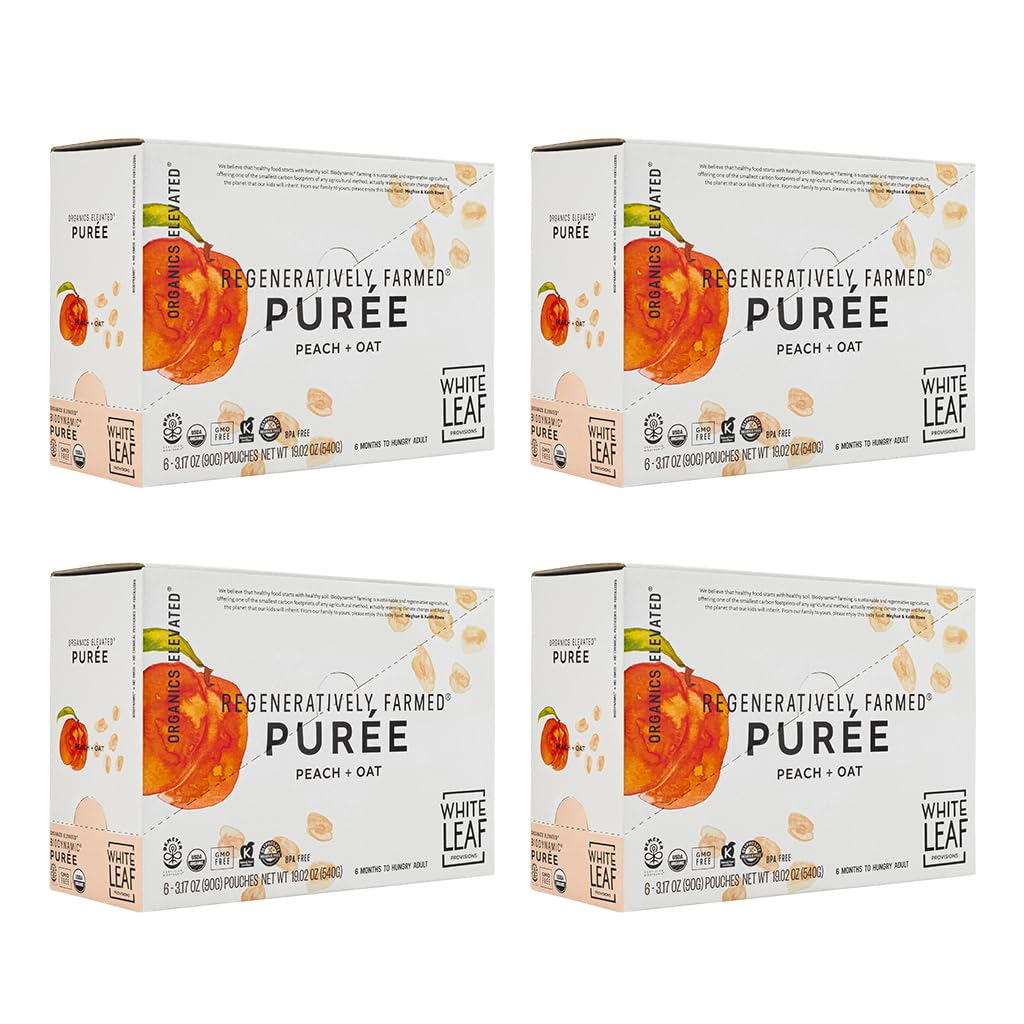 White Leaf Provisions Organic Purees/Baby Food Pouches - Fruits, Veggies & Grains, Toddler Snack, Regeneratively Farmed, No Added Sugar, Non-Gmo, Bpa-Free Pouches 3.17 Oz (Pack Of 24, Peach + Oat)