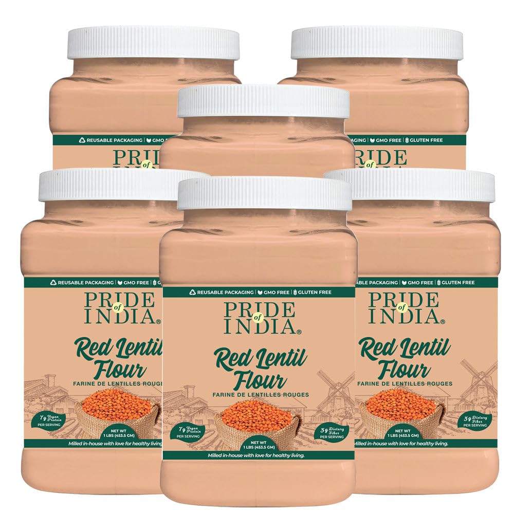 Pride of India - PACK of 6 - Red Lentil Flour 1 lbs (454 gm) Hint of Sweetness Slightly Nutty Earthy Flavor Freshly Milled in Sm