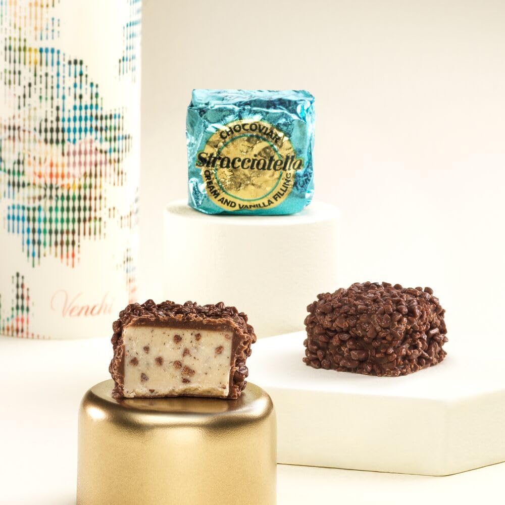 Venchi Chocoviar Stracciatella Chocolate Gift Box - 15-Piece, Milk Chocolate Shell, Cocoa Nibs, 10.58 oz, Brown