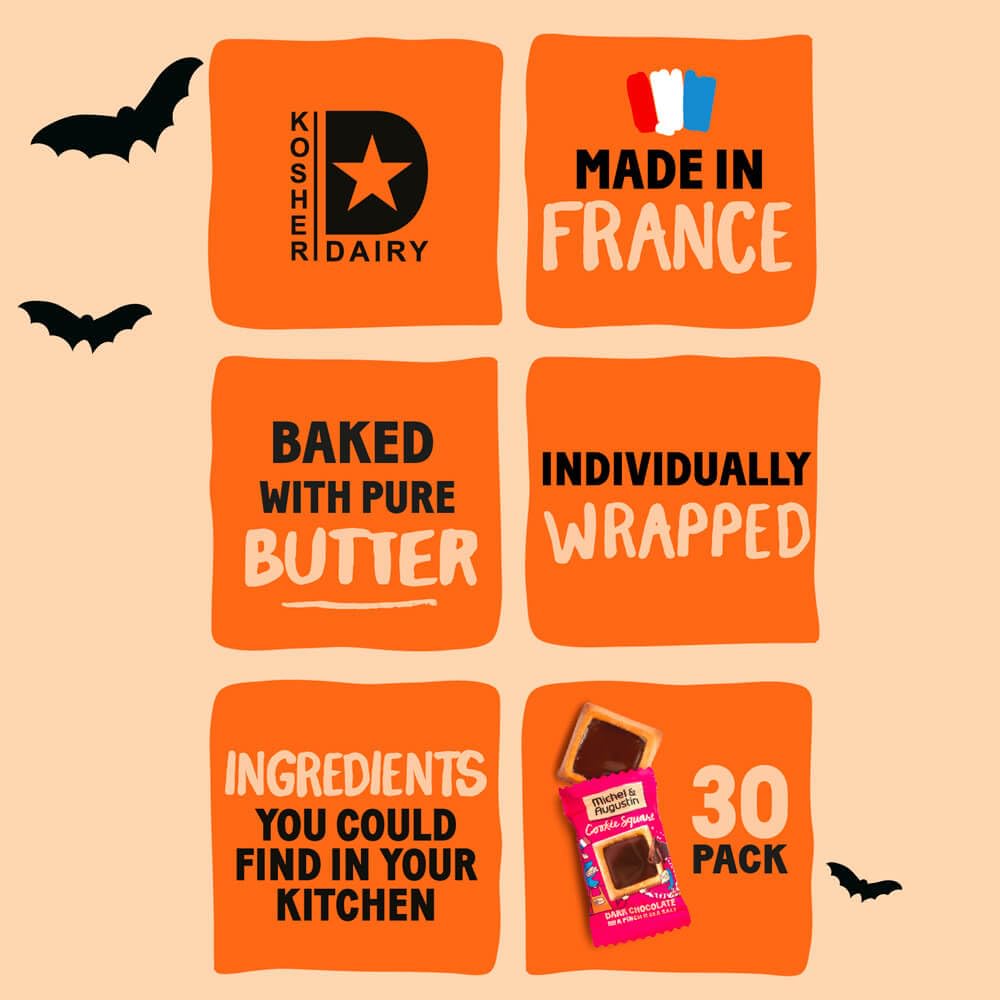 Michel et Augustin Chocolate Cookie Squares  Halloween Chocolate Gift Box  Dark Chocolate & Sea Salt French Shortbread Cookies  Halloween Candy Bulk  Individually Wrapped  30-Pack