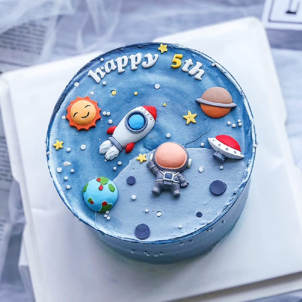 Gallarato Mini Size Blue Space Cake Decoration First Trip Around The Sun Cake Topper Two The Moon Cake Decoration Rocket Cake De