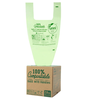 Unni Compostable Bags With Handles, 2.6 Gallon, 9.84 Liter, 100 Count, 0.68 Mil, Samll Kitchen Food Scrap Waste Bags, T-Shirt Ba
