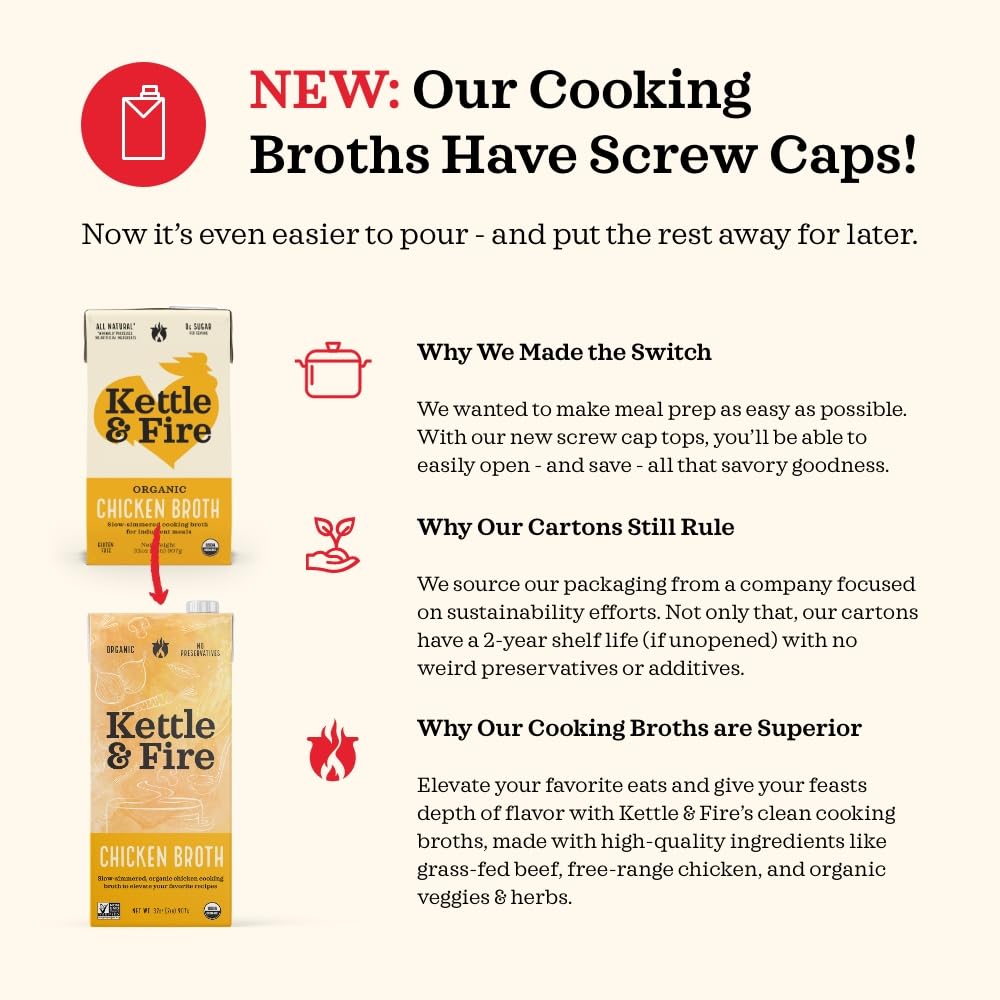 Kettle & Fire Low Sodium Chicken Broth, Organic Cooking Stock, 32 Fl Oz, Pack of 4