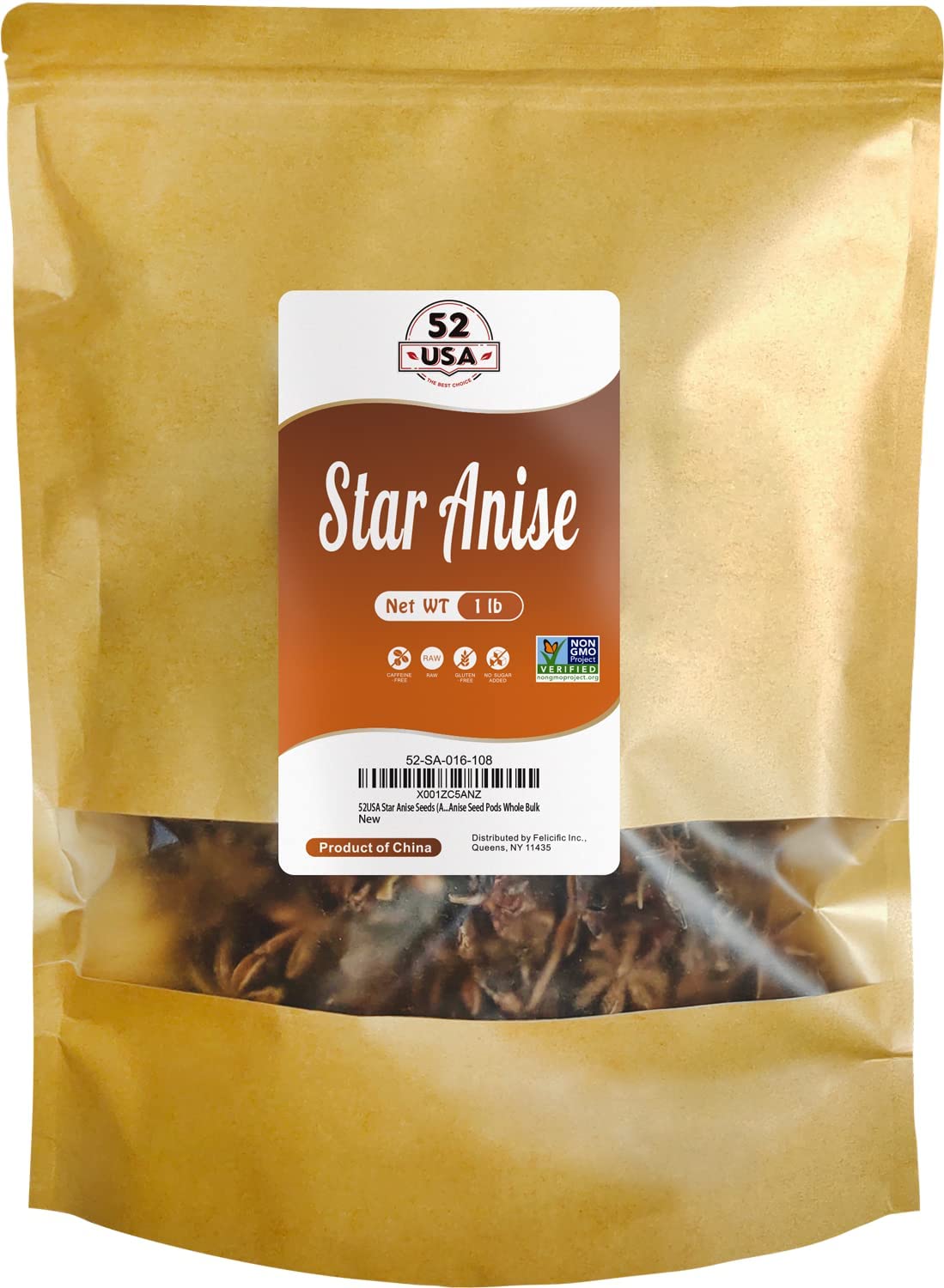52Usa Star Anise, 16 Ounce (Pack Of 1), Non-Gmo Verified Chinese Star Anise Whole, Dried Star Anise Pods For Tea And Baking