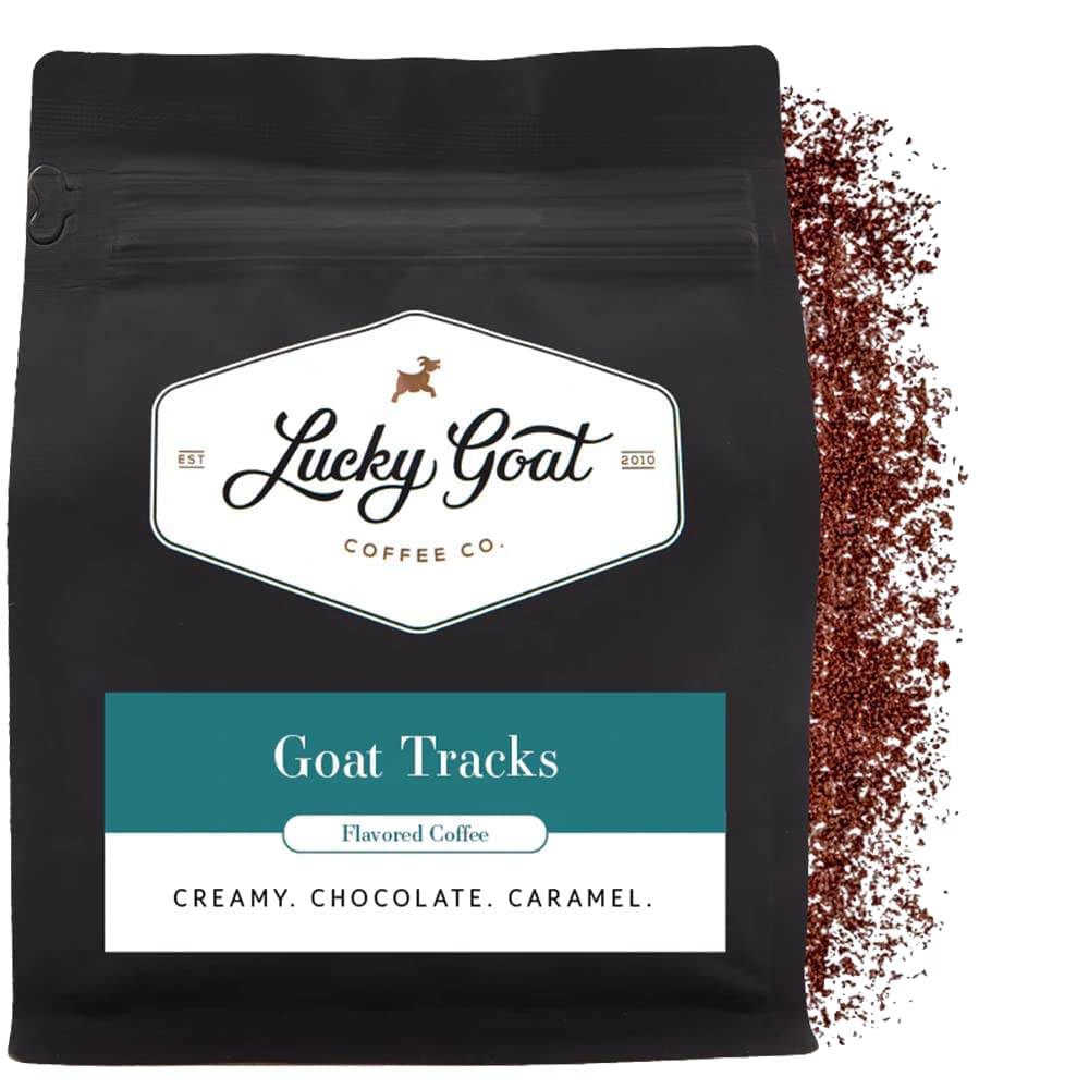 Lucky Goat Flavored Ground Coffee - Goat Tracks - Chocolatey, Caramel, Smooth, Sweet, Light Body, Low Acidity - Medium Roast, 12