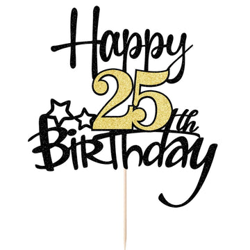 Kaoenla Black Gold Glitter Happy 25Th Birthday Cake Topper - Hello 25/Cheers25,Happy Twenty-Five Birthday Anniversary,25 Years O