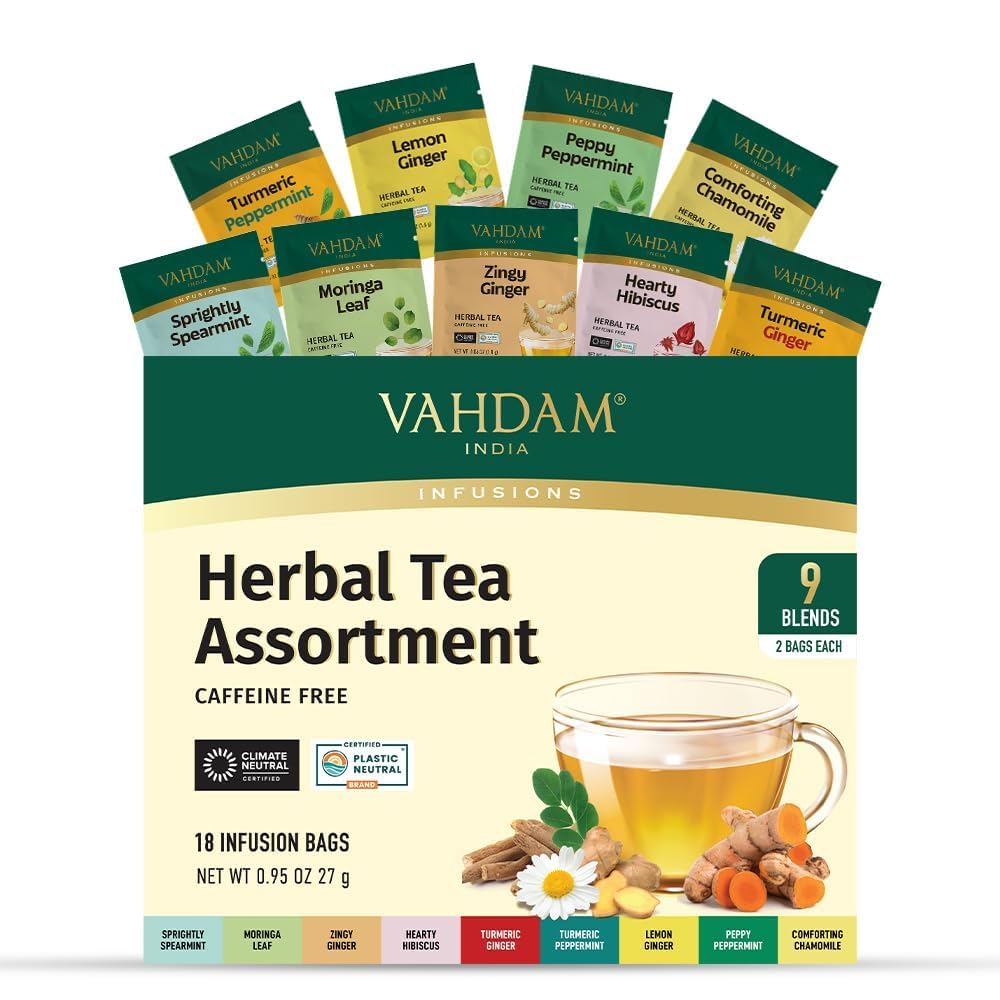 Vahdam  Assorted Herbal Tea Sampler (18 Tea Bags  9 Flavors) Energy Blend-Free  Non-Gmo | Double Infusion  Individually Enveloped Tea Bags | Herbal Tea Assortment