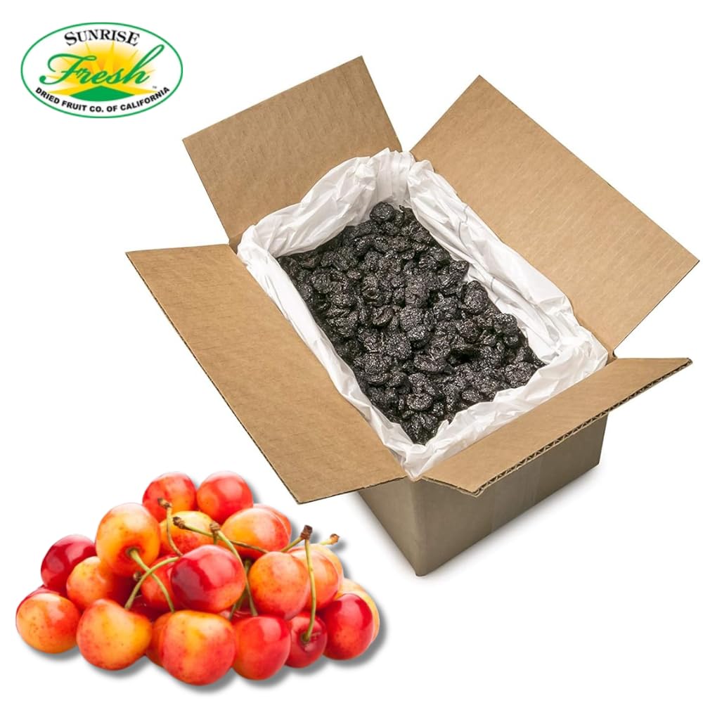 Sunrise Fresh Dried Fruit Company Unsweetened, No Sugar Added Dried Rainier Cherries, 5Lb Bulk Box With Resealable Bag