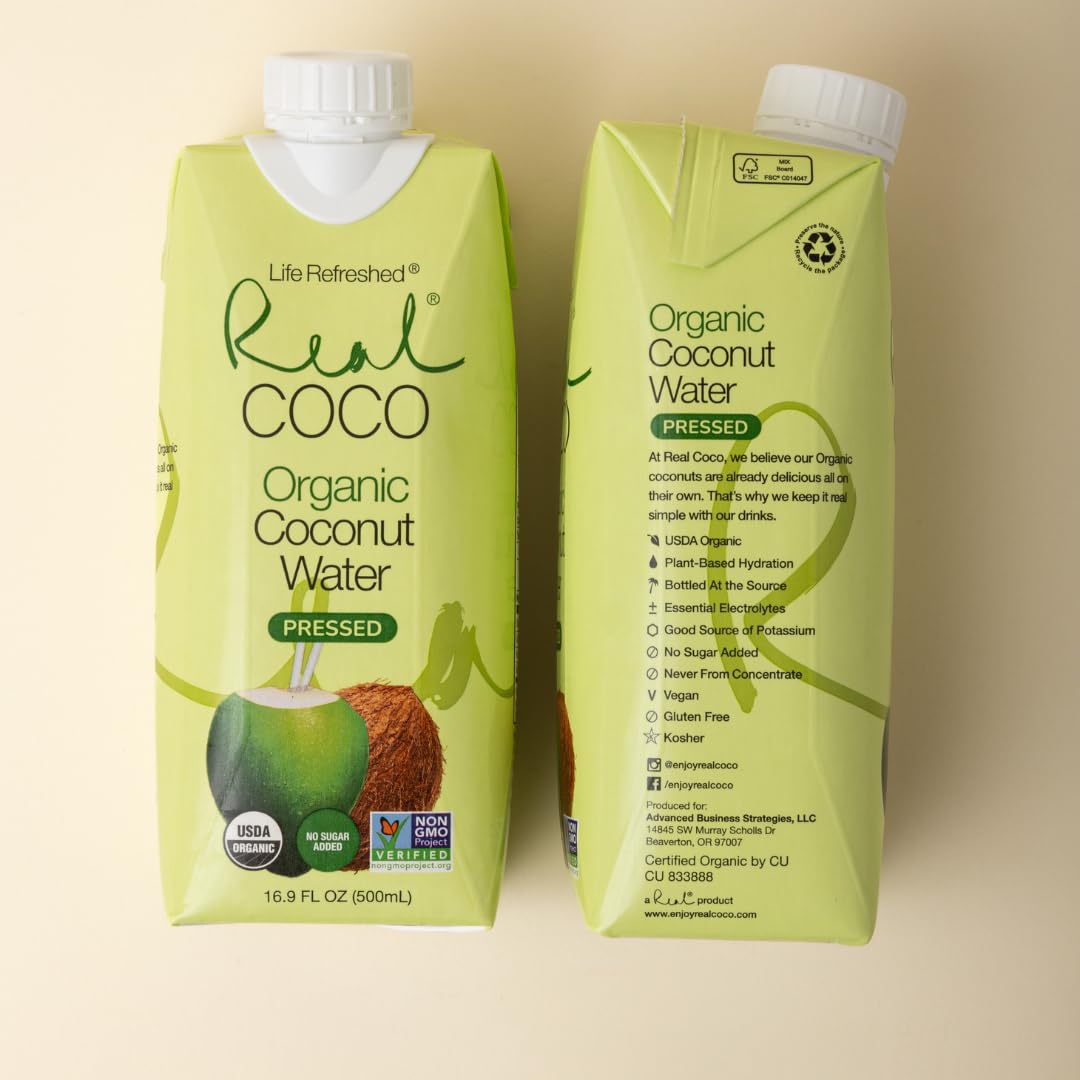 Life Refreshed Organic Pressed Coconut Water, 12-Pack (500mL), USDA Organic, No Sugar Added, Essential Electrolytes, Non-GMO, Dairy & Soy Free