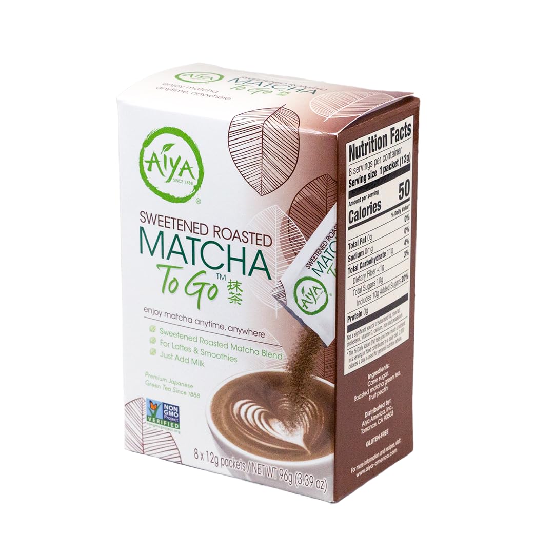 Aiya Japanese Sweetened Roasted Matcha To Go Sticks - Packets Of Roasted Japanese Matcha Green Tea, Gluten-Free - For Lattes & S