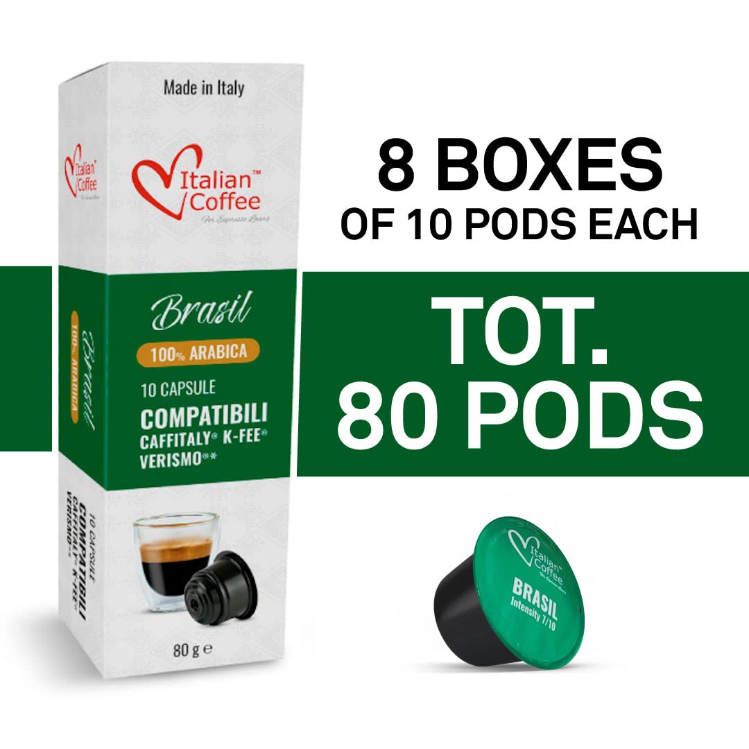 ITALIAN COFFEE FOR ESPRESSO LOVERS Coffee compact pieces for Verismo, CBTL, Caffitaly, K-fee Systems - 80 Pods Brazil Blend, 10 Count (Pack