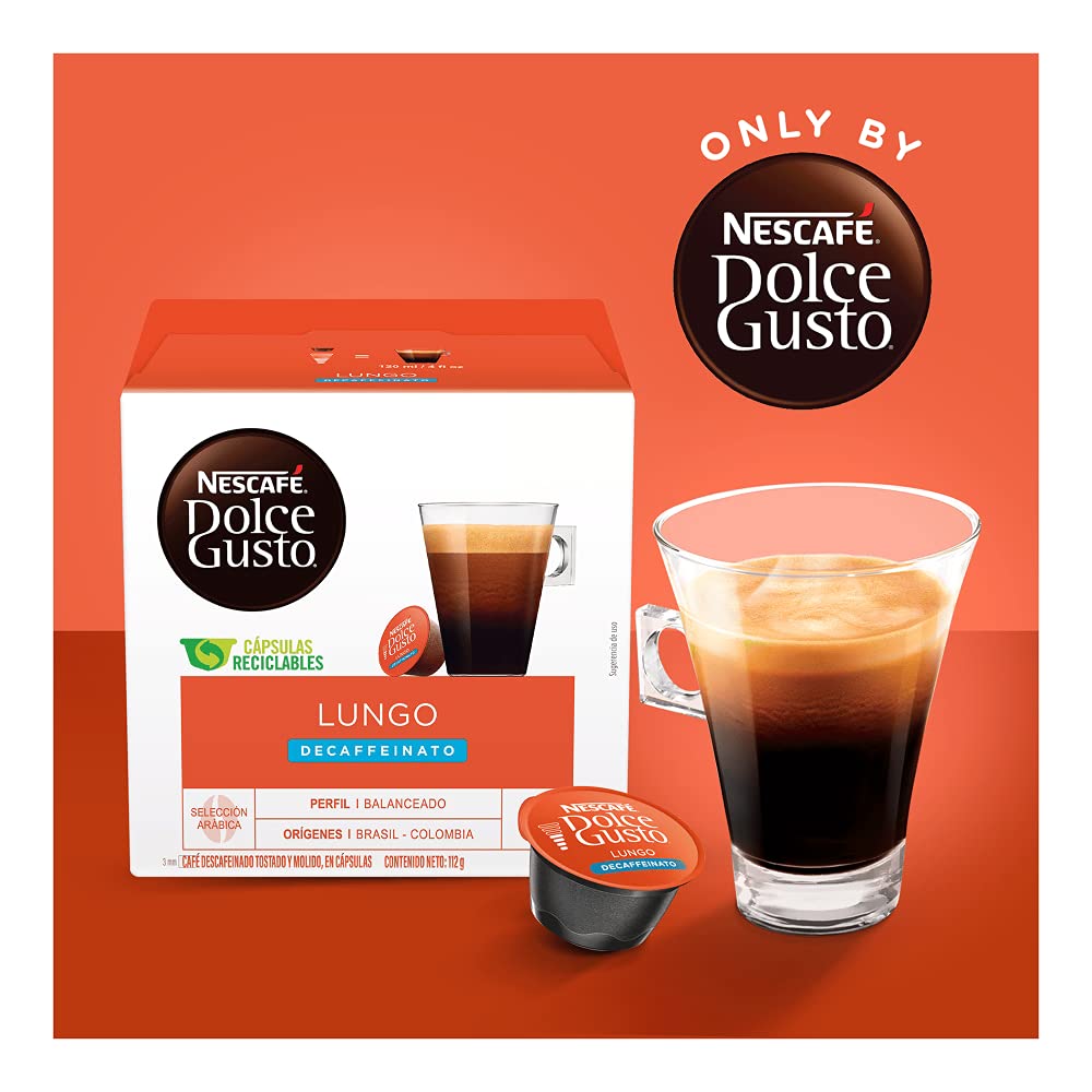 Dolce Gusto Coffee Pods, Lungo Decaffeinato, 16 Count, Pack of 3, Model 12074533