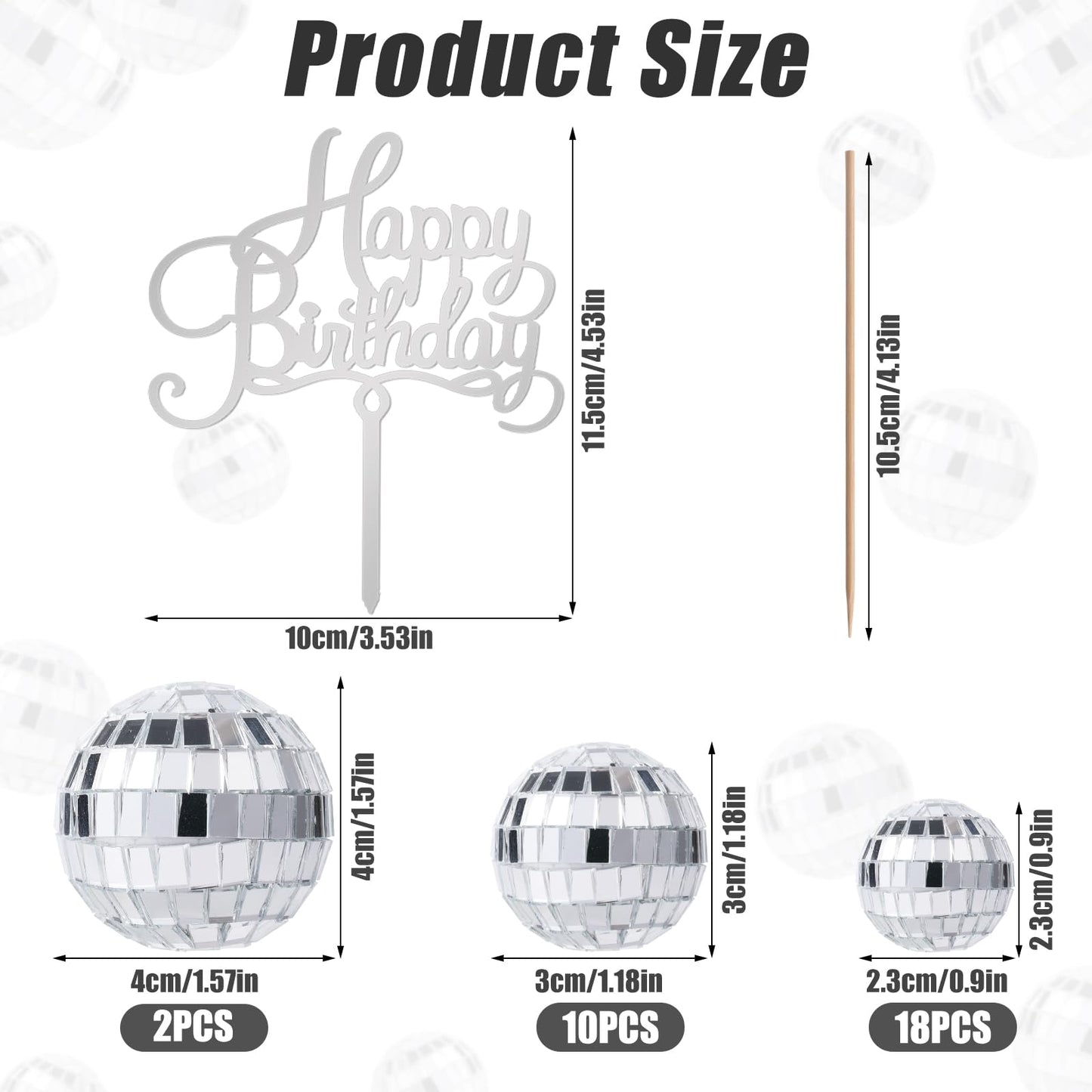 PEUTIER 31pcs Disco Ball Cupcake Toppers, Silver, Includes Happy Birthday Sign, for 70s Disco Theme Party, Model 04109