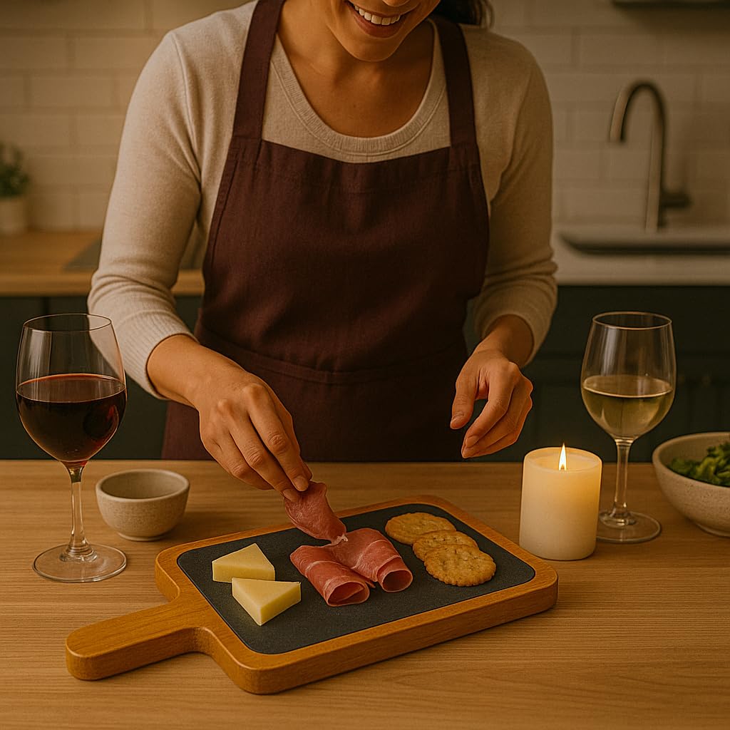 Creative Home Slate And Pine Wood Serving Board With Handle 14.4 X 6.5 | Paddle Cheese Board For Rustic Charcuterie, Tapas, Dessert, Sushi Tray | Unique Kitchen Gift For Hosts