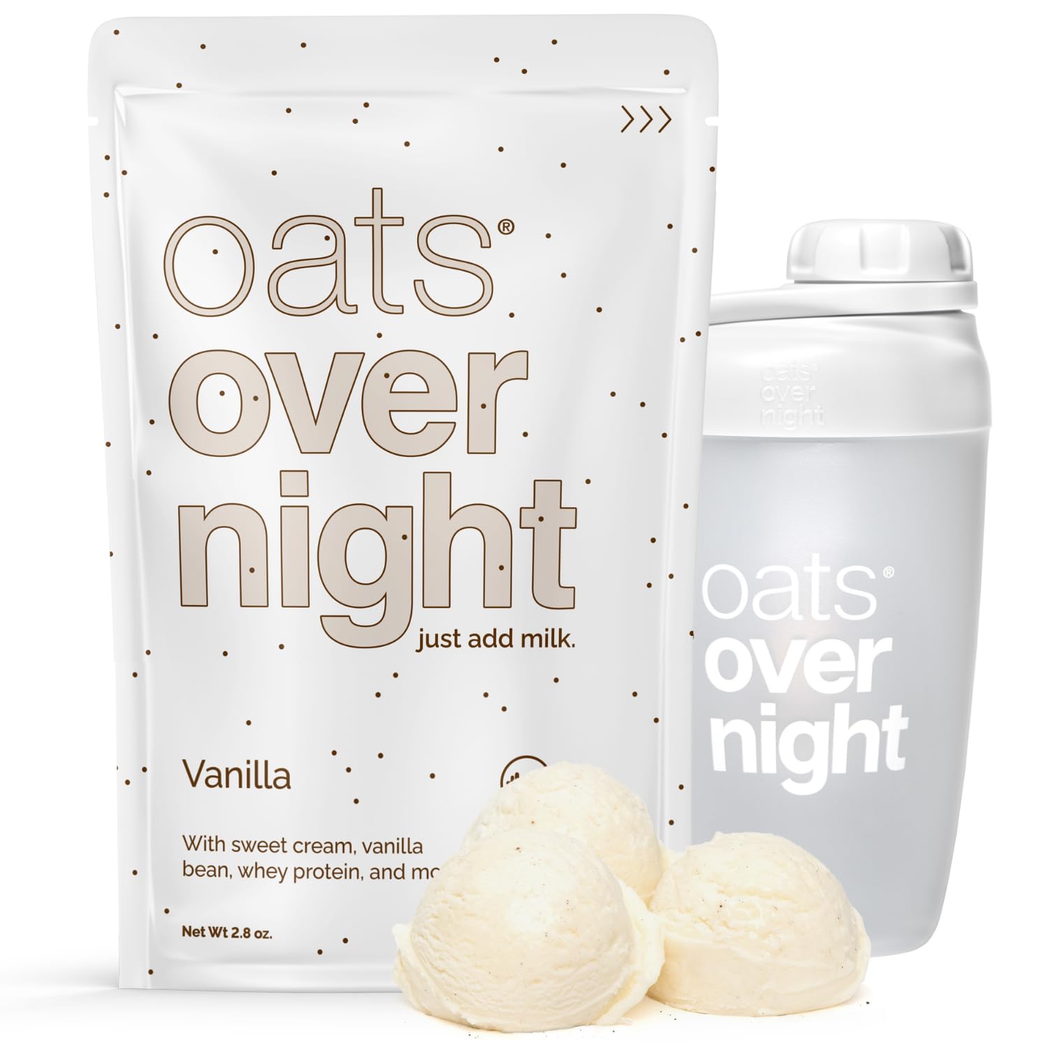 Oats Overnight Vanilla Overnight Oats, 20g Whey Protein, Gluten Free, 2.8 oz (Pack of 8 + Shaker Bottle)