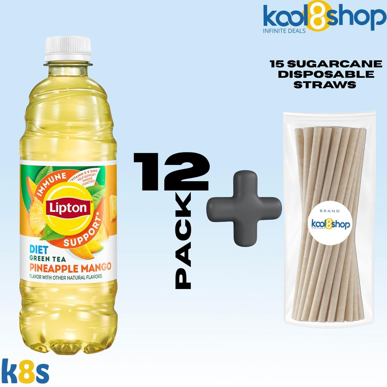 Lipton Pineapple Mango Green Tea 16.9 fl oz Plastic Bottles, 12 Pack with 15 Sugarcane Straws - Immune Support Beverage