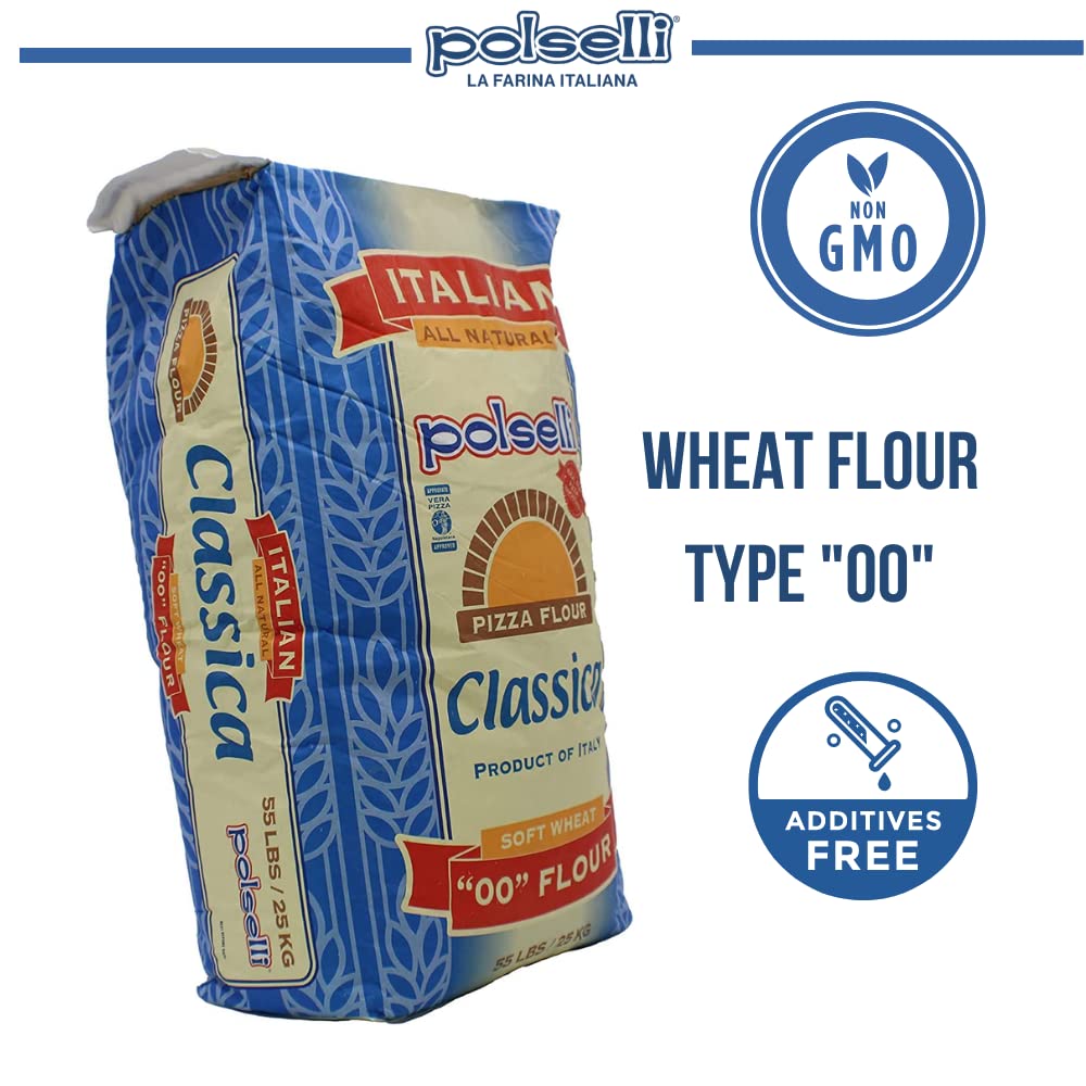POLSELLI Classica Double Zero Flour for Pizza and Pasta, Unbleached, 55 lbs (25 kg)