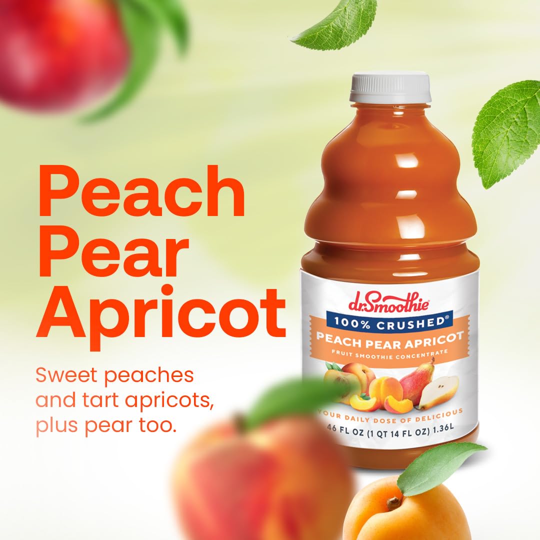 Dr. Smoothie 100% Crushed Peach Pear Apricot – No Added Sugar, Made With Real Fruits/Fruit Juice – Vegan, No Artificial Colors Or Flavors – Juicy Sweet Peaches, Tart Apricots & Pears – 46 Oz Bottle