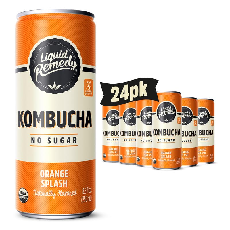 Liquid Remedy Kombucha Sugar Free Organic Drink, Low Calorie, Probiotic Like Tea for Gut Health - Orange Splash - 8.5 Fl Oz Can,