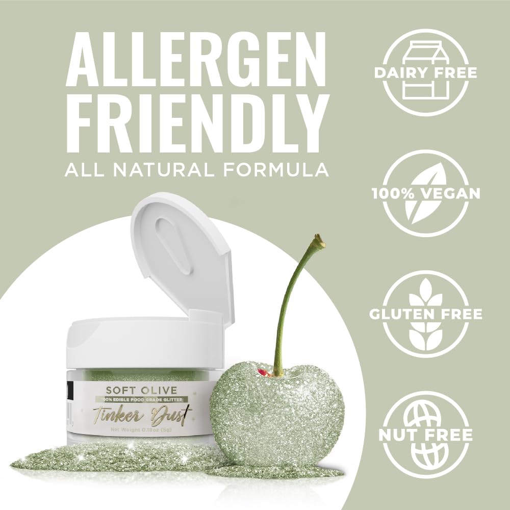 Bakell - Soft Olive Green Tinker Dust (5G, 1X Jar) Edible Glitter For Food, Desserts, And Beverages!