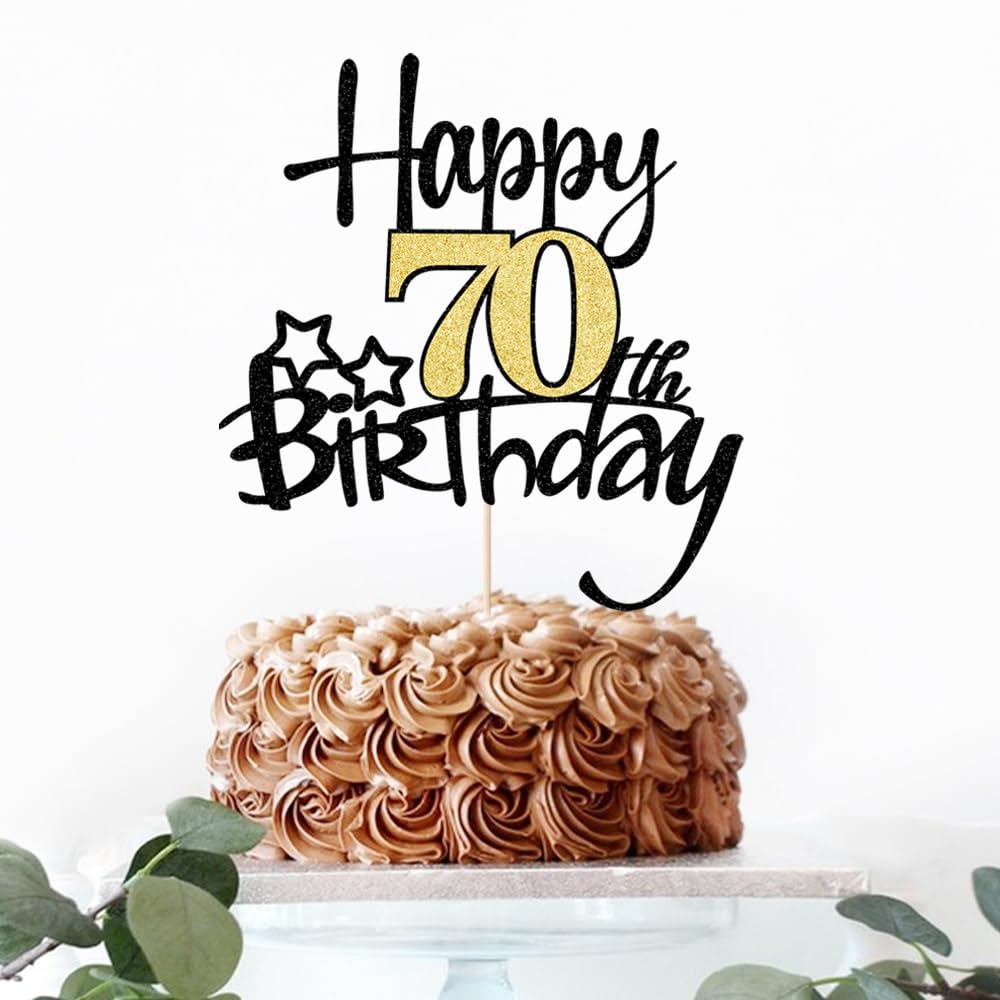 Kaoenla Black Gold Glitter Happy 70Th Birthday Cake Topper - Hello 70/Cheers70,Happy Fourteen Birthday Anniversary,70Years Old B