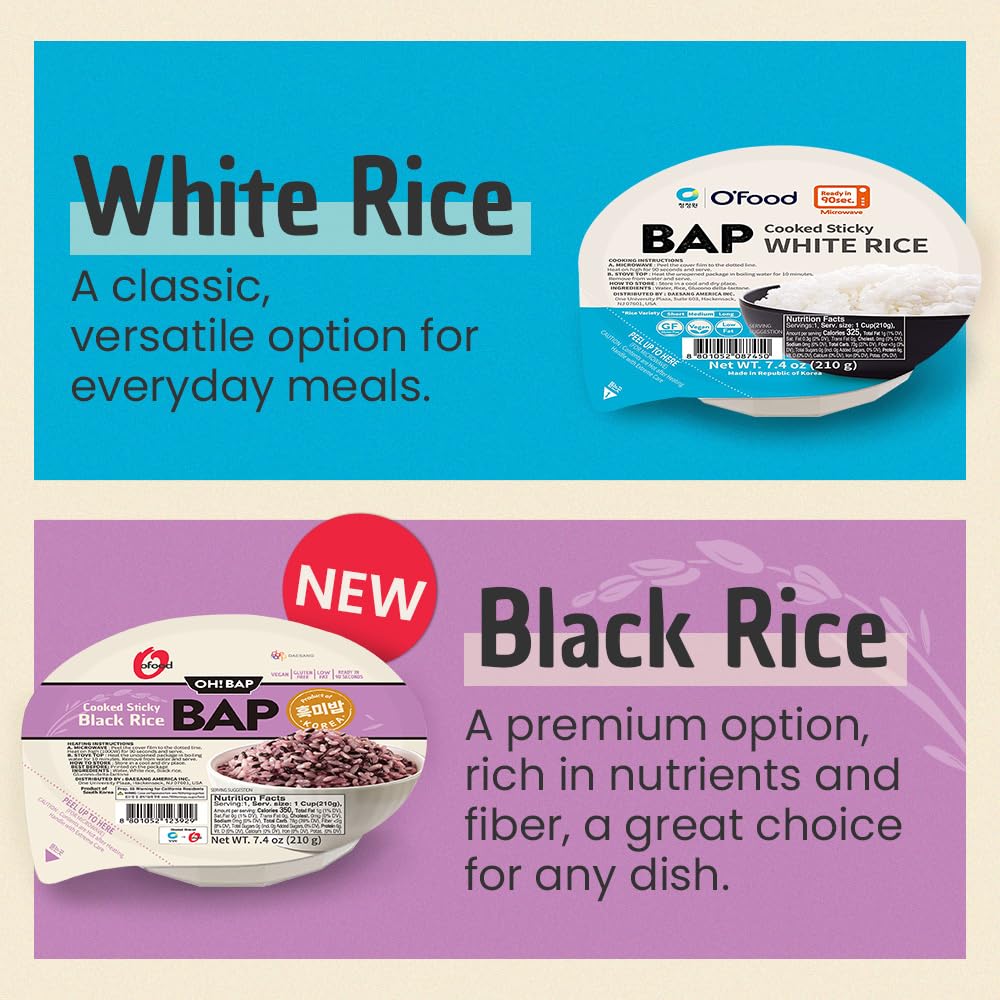 O'Food Bap Instant Black Rice (Pack Of 12), Korean Cooked Black Rice, Microwavable, Gluten-Free Sticky Rice Bowl, Asian Rice, Pa