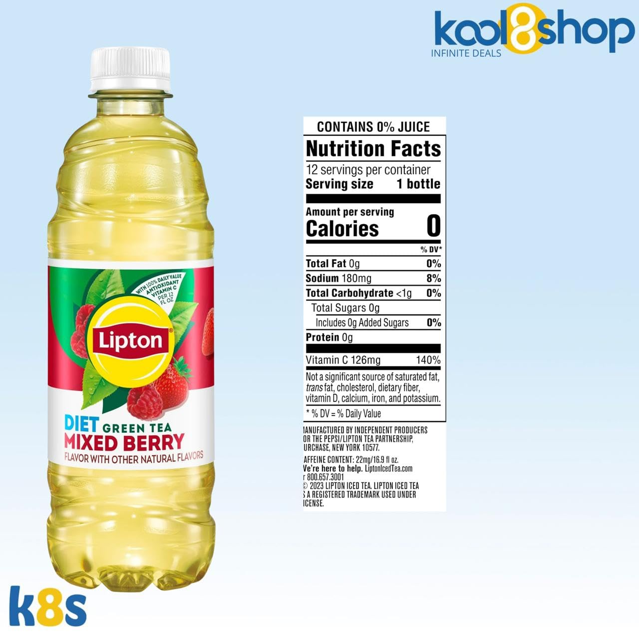 Lipton Diet Mixed Berry Green Tea 16.9 Fl Oz Plastic Bottle 12 Pack + 15 Sugarcane Disposable Straws By Kool8Shop Infinite Deals