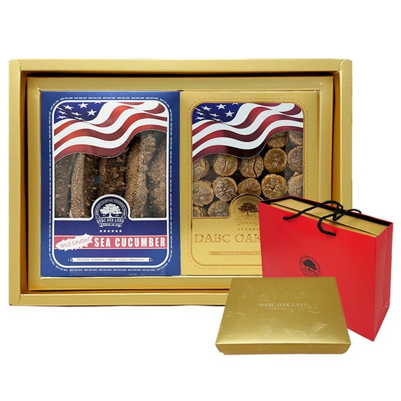 Dabc Oak Land 8Oz Alaska Red Sea Cucumber Nutritional And Health Food - 8Oz Japanese Dried Scallops Conpoy 100% Natural Sun  Dried Scallops + Red Sea Cucumber Gift Box Set