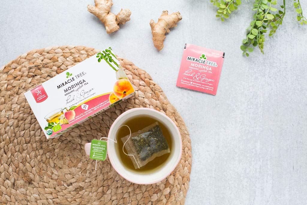 Tree Organic Moringa Superfood Tea - 6 Pack of 25 Sealed Tea Bags, Peach & Ginger, Vegan, Gluten-Free, Caffeine-Free