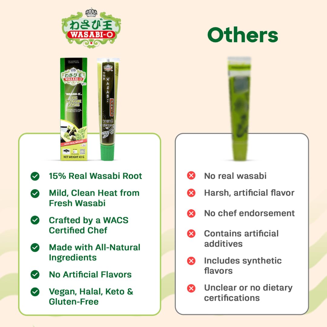 WASABI-O Wasabi Paste - 15% Real Japanese Wasabi, 1.52oz Tube, Green, Vegan, Halal