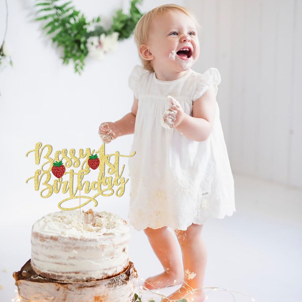 1 Pcs Berry 1St Birthday Cake Topper-Gold Glitter Sweet Fruit Theme First Birthday Strawberry One Cake Pick For Strawberry Theme