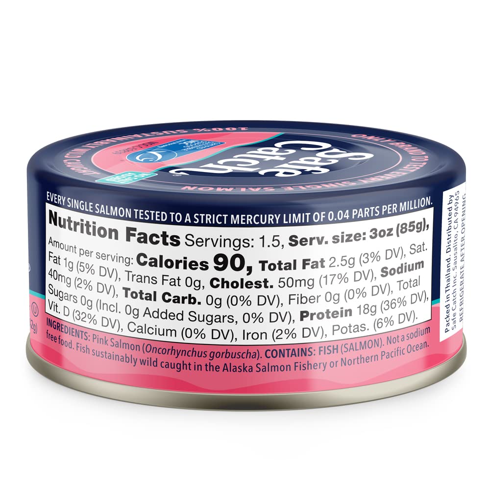 Safe Catch Wild Pacific Pink Salmon, Canned, No Salt Added, Mercury Tested, 5oz Can, Pack of 6