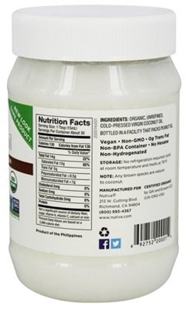 Nutiva Organic Coconut Oil, Cold-Pressed, Unrefined Cooking Oil, Natural Hair Oil, Skin Oil, Massage Oil, Usda Organic, Extra Vi