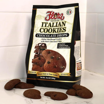 Flora Italian Cookies Chocolate Drops - Italian Shortbread Cookies With Dark Chocolate Chips - Traditional Recipe - No Hydrogena