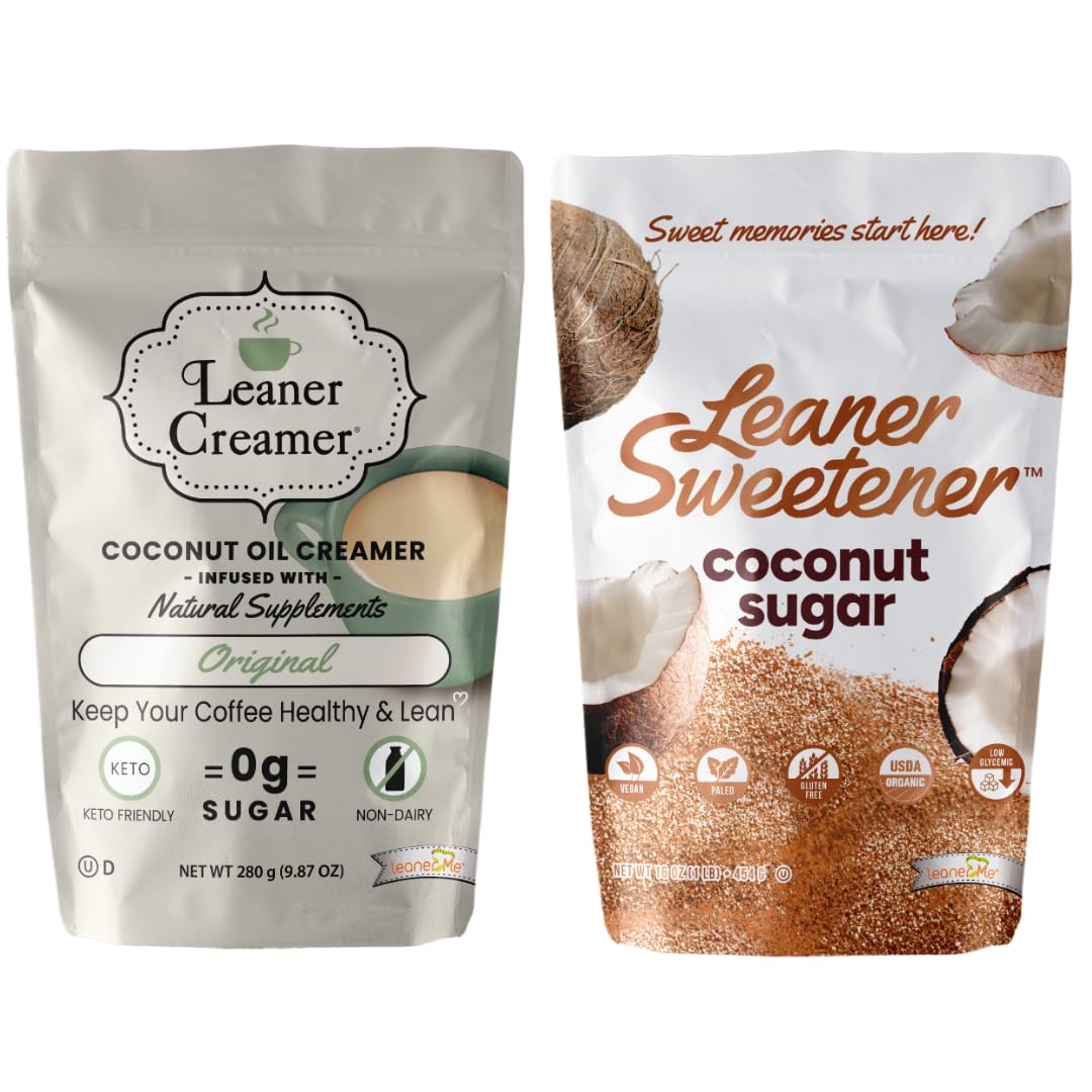 Leaner Creamer Non-Dairy Sugar Free Coffee Creamer Powder, 9.87 oz, Perfect for Coffee & Smoothies, Pack of 2 (Original + Coconut Sugar)