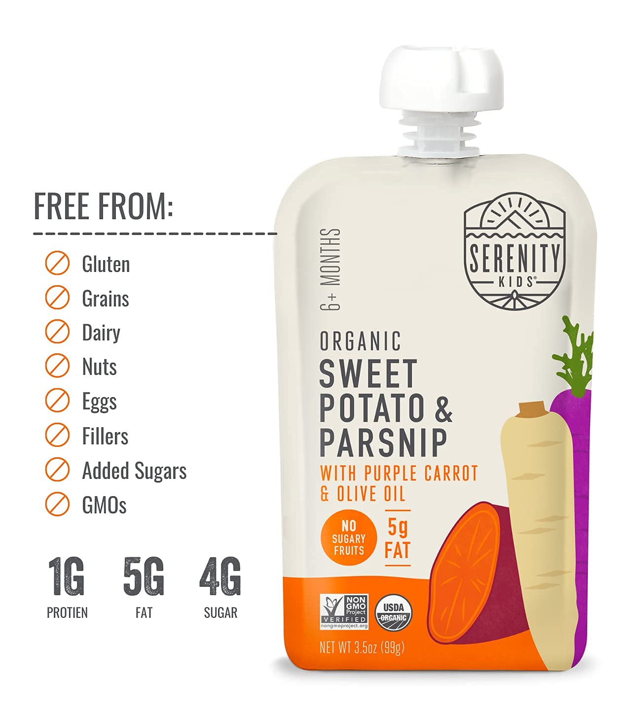 Serenity Kids 6+ Months Baby Food Pouches Veggie Puree - Sweet Potato & Parsnip - Bpa-Free & Usda Organic Baby Food - No Added Sugar - Allergen Free - 3.5 Oz, 6 Pack