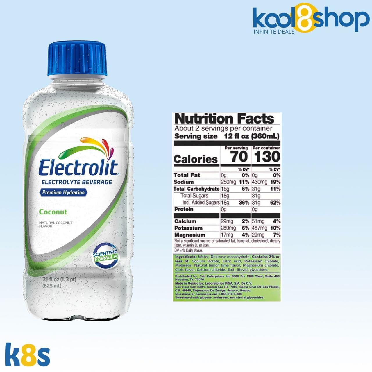 Electrolit Coconut Hydration Drink With Electrolytes 21 Fl Oz Plastic Bottles 9 Pack + 1 Microfiber Cooling Towel By Kool8Shop I